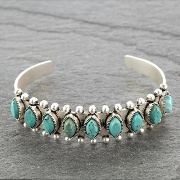 Silver Tone Cuff Bracelet with Imitation Turquoise - Picture 1 of 1